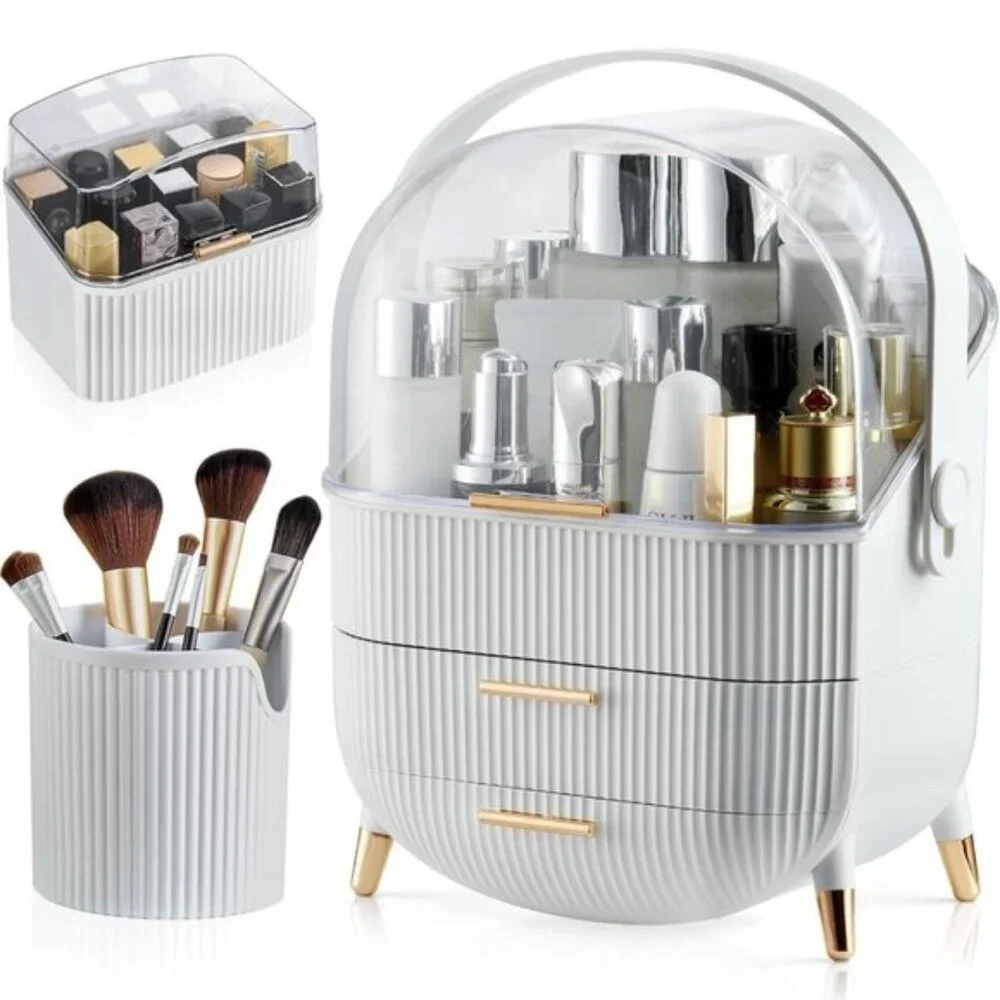 New Makeup Organizer with 2 Drawers, Skincare & Lipstick Storage Box in White